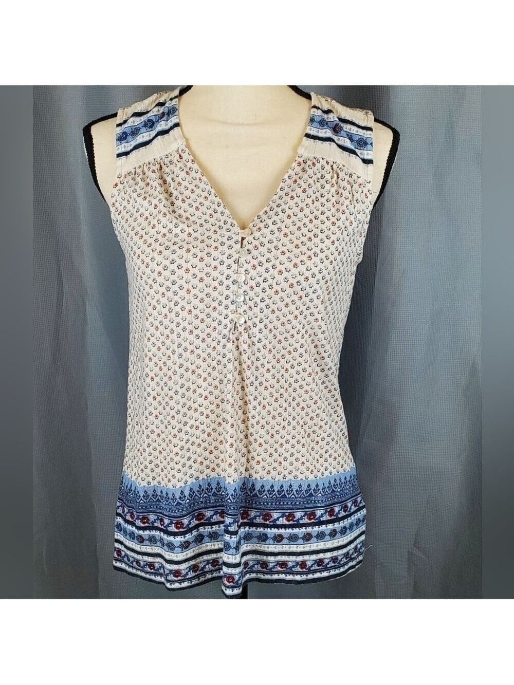 Lucky Brand sleeveless top, cream, red, and blue pattern, size SP
